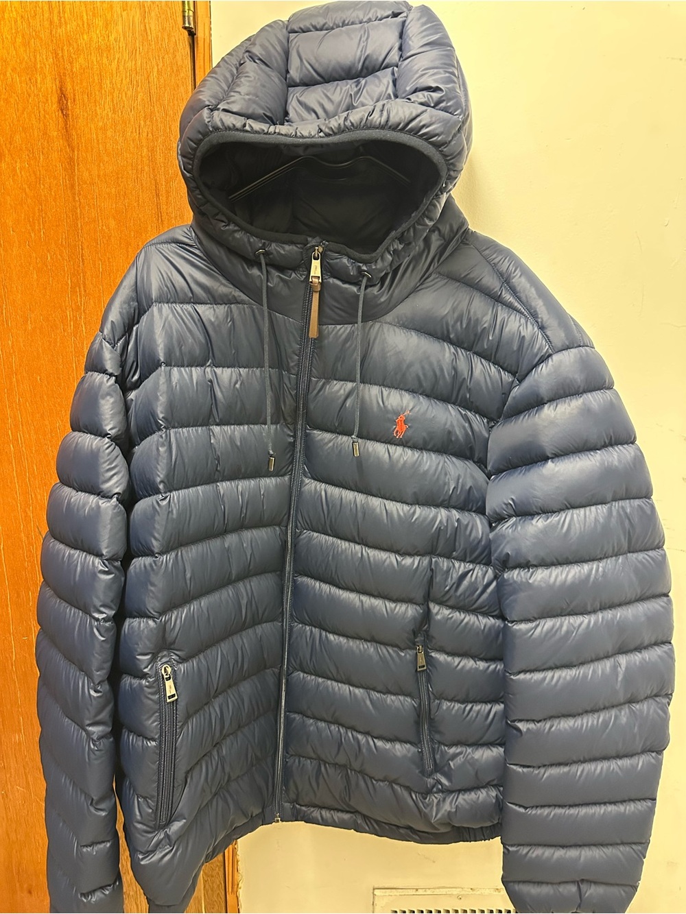 Polo by Ralph Lauren Navy Quilted Hooded Down Jacket with Red Logo